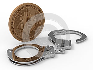 3D rendering - Handcuffs positioned near bitcoin