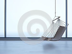 3d rendering hanging chair in an empty room on light parquet floor. Natural light from the window