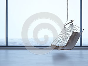 3d rendering hanging chair in an empty room on light parquet floor and snow outside the window