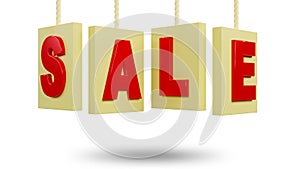 3d rendering of hanging sale banner tag on isolated white background, marketing and business concept