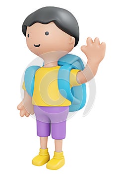 3D Rendering happy boy girl waving hand say hello with backpack