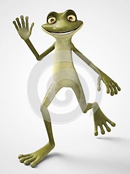 3D rendering of happy cartoon frog waving.