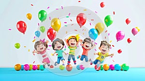 3d rendering of happy kids jumping with balloons