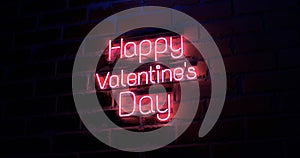 3d rendering Happy Valentines Day text on brick texture wall Light neon sign.