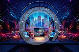 3D rendering of headphones and a laptop on the background of the city, Art music studio background with dj headphones, AI