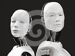 3D rendering of the heads of a female and male robot.