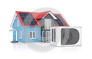 3d rendering of a heat pump, in the background a blue family house with solar panels