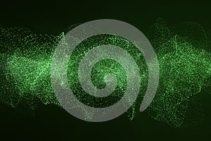 3d rendering Hi-tech digital terrain, green abstract space on dark background with connecting dots and lines.