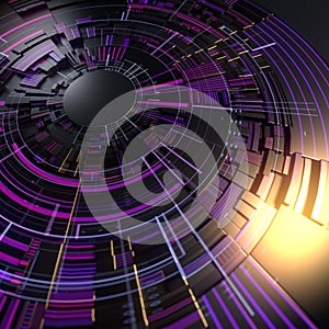 3d rendering hi-tech hud gears with colored glowing elements. Modern design with a depth of field. Digital illustration