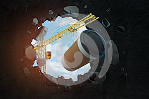 3d rendering of hoisting crane carrying brown coffee paper cup and breaking black wall leaving hole in it with blue sky