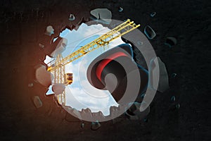 3d rendering of hoisting crane carrying tophat with red ribbon which is breaking through black wall with blue sky seen