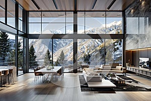 3D rendering of a home featuring an expansive living room and dining area that seamlessly merge with mountain