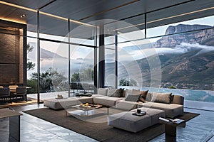 3D rendering of a home featuring an expansive living room and dining area that seamlessly merge with mountain