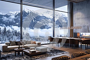 3D rendering of a home featuring an expansive living room and dining area that seamlessly merge with mountain