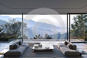 3D rendering of a home featuring an expansive living room and dining area that seamlessly merge with mountain