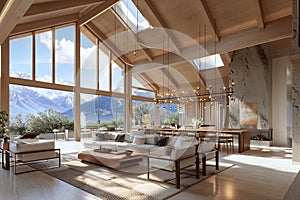 3D rendering of a home featuring an expansive living room and dining area that seamlessly merge with mountain
