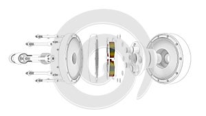 3D rendering - horizontal exploded view of a gearbox