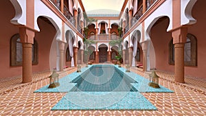 3D rendering of the hotel courtyard with swimming pool