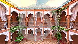 3D rendering of the hotel courtyard with swimming pool