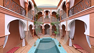 3D rendering of the hotel courtyard with swimming pool