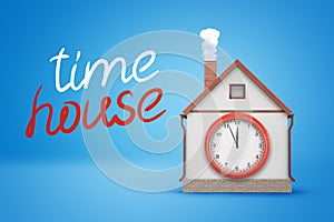 3d rendering of house with smoking chimney and big clock-face on wall and title `time house` on blue background.