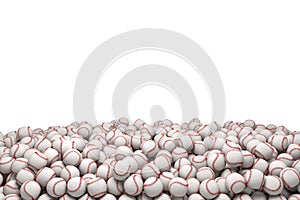 3d rendering of a huge heap of white baseballs with red stitching on a white background.