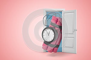 3d rendering of huge pink dynamite bundle with time bomb emerging from open door on pink gradient copyspace background.