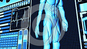 3D Rendering Human Body and DNA double helix Scan Analysis Abstract Medical Futuristic HUD Screen interface camera panning
