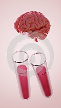 3d rendering of a human brain and test tube