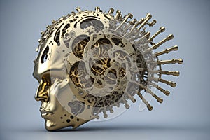 3D rendering of a human head made of gears and cogwheel. Illustration of the mental health concept.