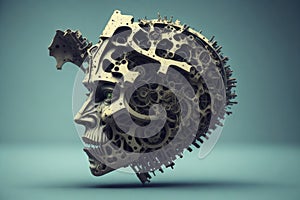 3D rendering of a human head made of gears and cogwheel. Illustration of the mental health concept.