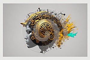 3D rendering of a human head made of gears and cogwheel. Illustration of the mental health concept