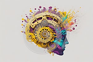 3D rendering of a human head made of gears and cogwheel. Illustration of the mental health concept