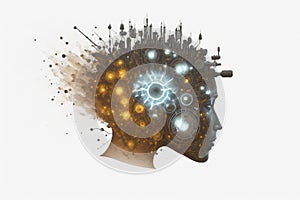 3D rendering of a human head made of gears and cogwheel. Illustration of the mental health concept