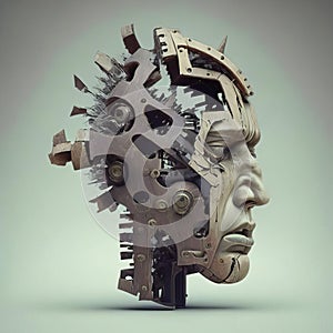 3D rendering of a human head made of gears and cogwheel. Illustration of the mental health concept.