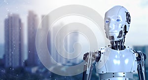 3d rendering of human robot cyborg portraits on blurred capital city buildings background with copy space.