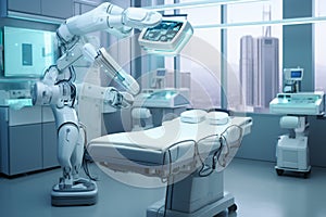 3d rendering humanoid robot with x-ray machine in surgery room - Ai Generated