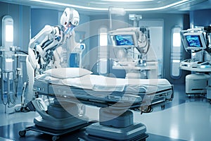 3d rendering humanoid robot with x-ray machine in surgery room - Ai Generated