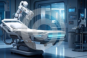 3d rendering humanoid robot with x-ray machine in surgery room - Ai Generated