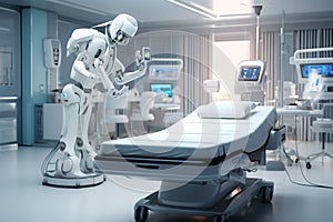 3d rendering humanoid robot with x-ray machine in surgery room - Ai Generated