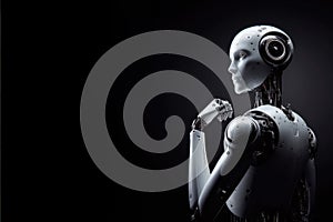 3d rendering humanoid robot thinking on black background.