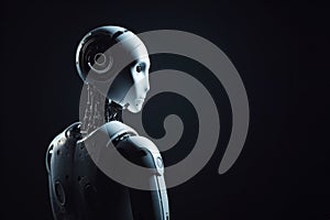 3d rendering humanoid robot thinking on black background/