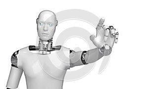 3d rendering humanoid robot thinking and Select something robot point object on white background