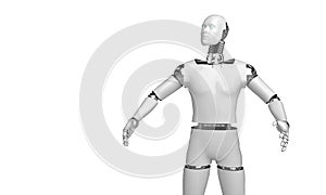 3d rendering humanoid robot thinking and Select something robot point object on white background