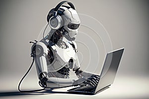 3d rendering humanoid robot working with headset and notebook