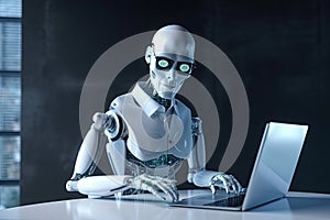 3d rendering humanoid robot working with laptop on table in dark room, Futuristic AI robot accountant wearing an eyeglass, AI