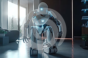 3d rendering humanoid robot working in modern office with laptop computer. AI Generated
