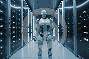 3d rendering humanoid robot working in a server room or data center
