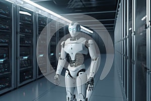 3d rendering humanoid robot working in server room or datacenter