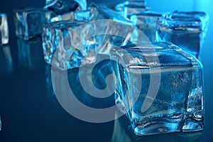 3D rendering ice cube on blue tint background. Frozen water cube